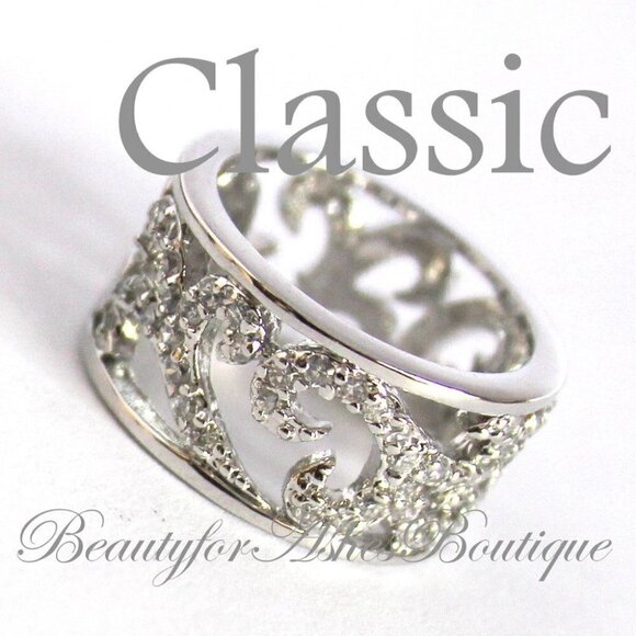 Womens Silvertone Classic Scroll Filigree Clear Cubic Zirconia Cz Band Ring Sz 8 - Picture 1 of 5